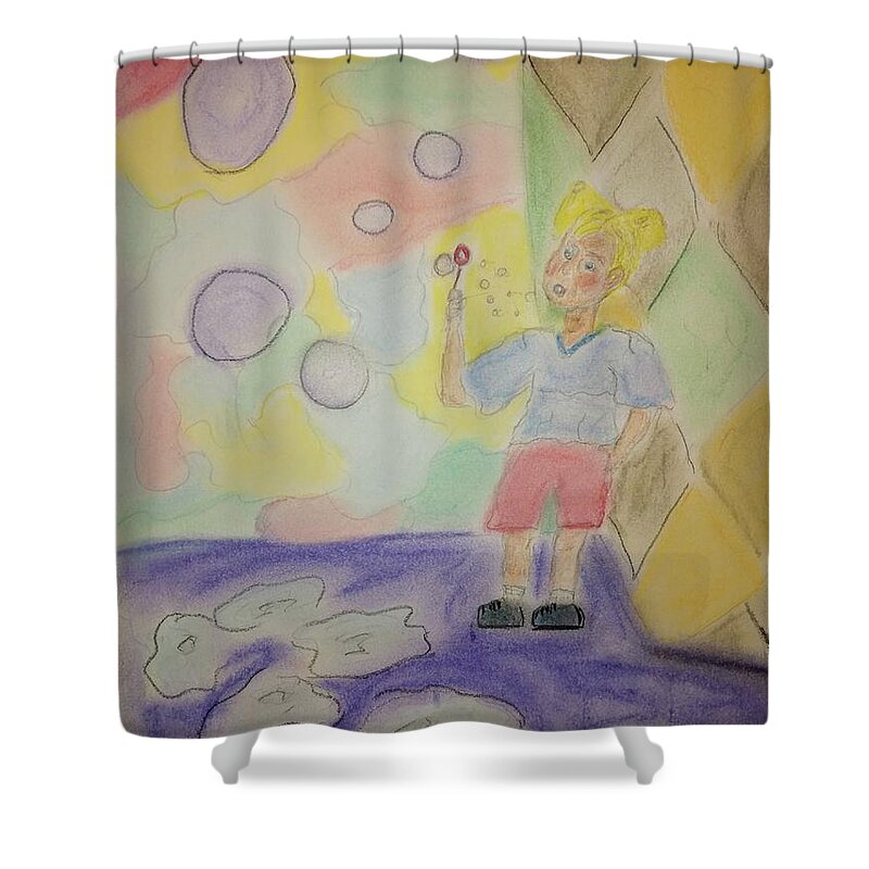 Child Shower Curtain featuring the pastel Ashley Blowing Bubbles by Suzanne Berthier