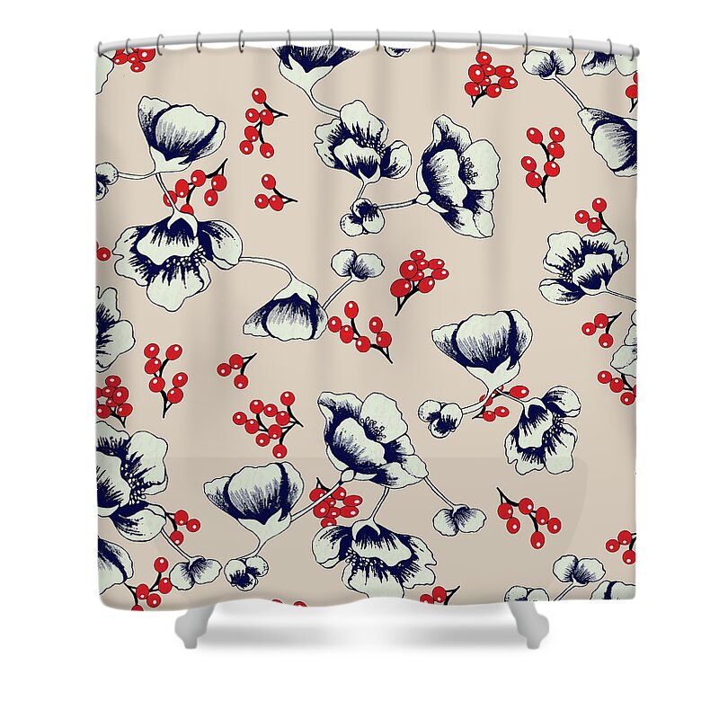 Asian Shower Curtain featuring the digital art Asian Blossoms with Red Berries by Sand And Chi