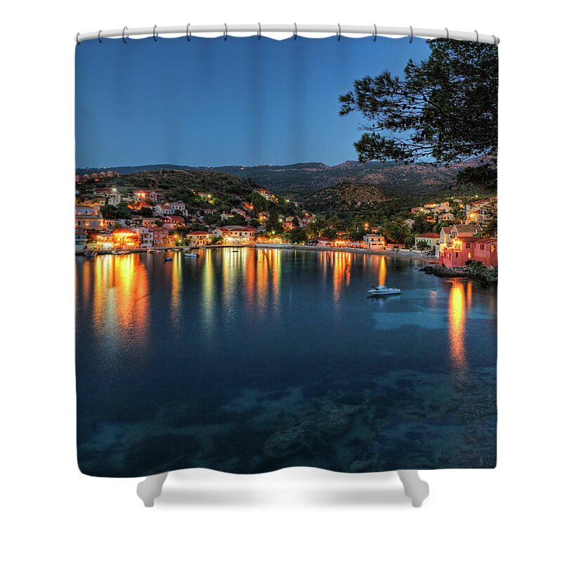 Assos Shower Curtain featuring the photograph Assos by night in Kefalonia, Greece by Constantinos Iliopoulos