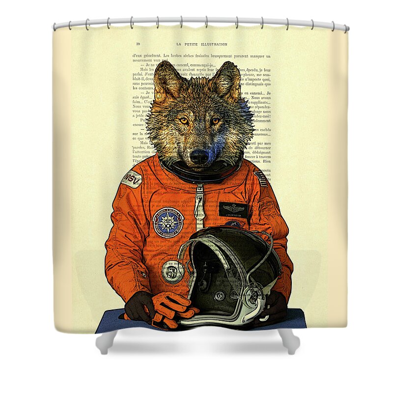 Funny Shower Curtain featuring the mixed media Astronaut wolf book page art by Madame Memento
