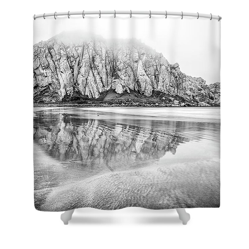 Beach Shower Curtain featuring the photograph At Morro Rock Beach Monochrome by Joseph S Giacalone