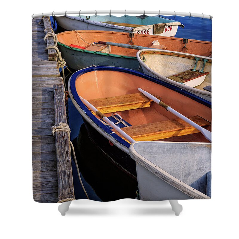 Acadia Shower Curtain featuring the photograph At The Dock. Row Boats In Southwest Harbor, Maine by Jeff Sinon