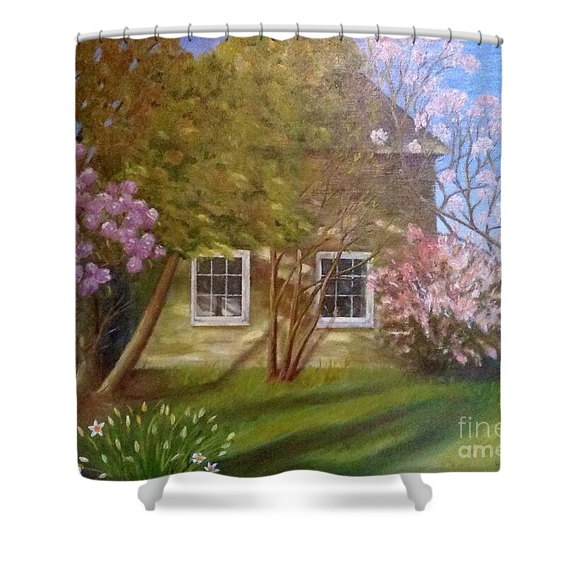 Spring Shower Curtain featuring the painting At the End of the Road by Lynda Evans