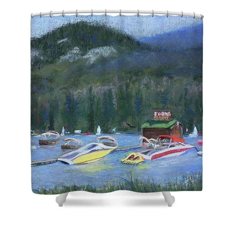 Bass Lake Shower Curtain featuring the pastel At The Forks by Sandra Lee Scott
