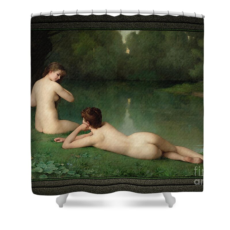 At The Waters Edge Shower Curtain featuring the painting At the Water's Edge by Emmanuel Benner Old Masters Classical Reproduction by Rolando Burbon