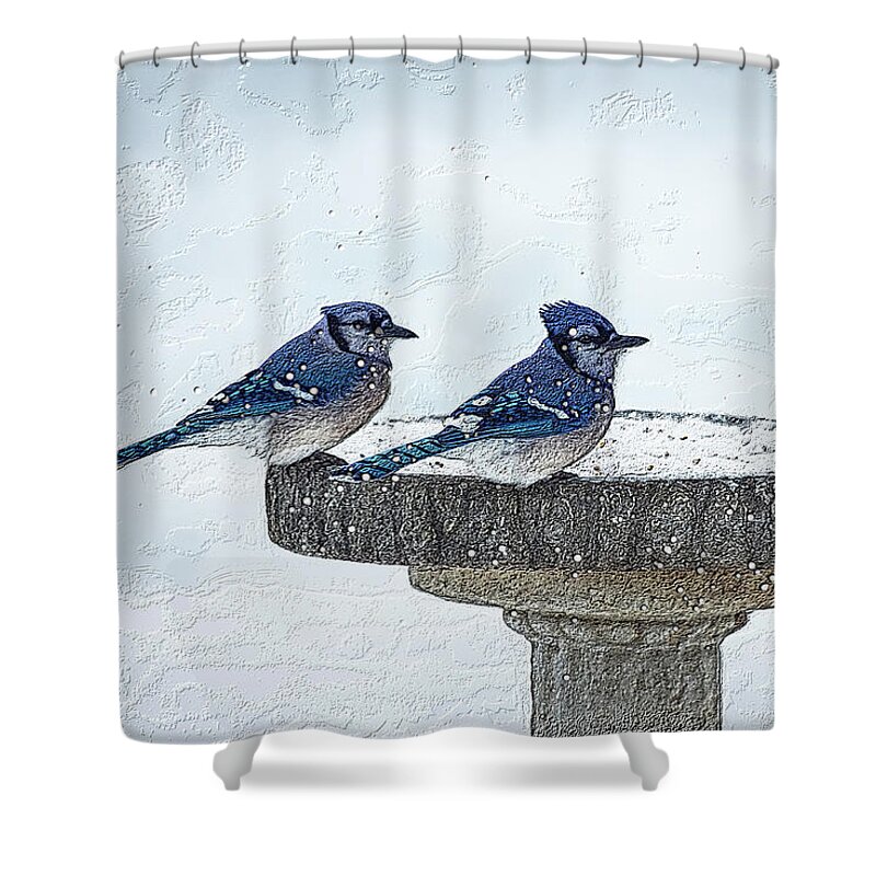 Blue Jay Shower Curtain featuring the mixed media At Your Side Through The Storm by Jennifer White