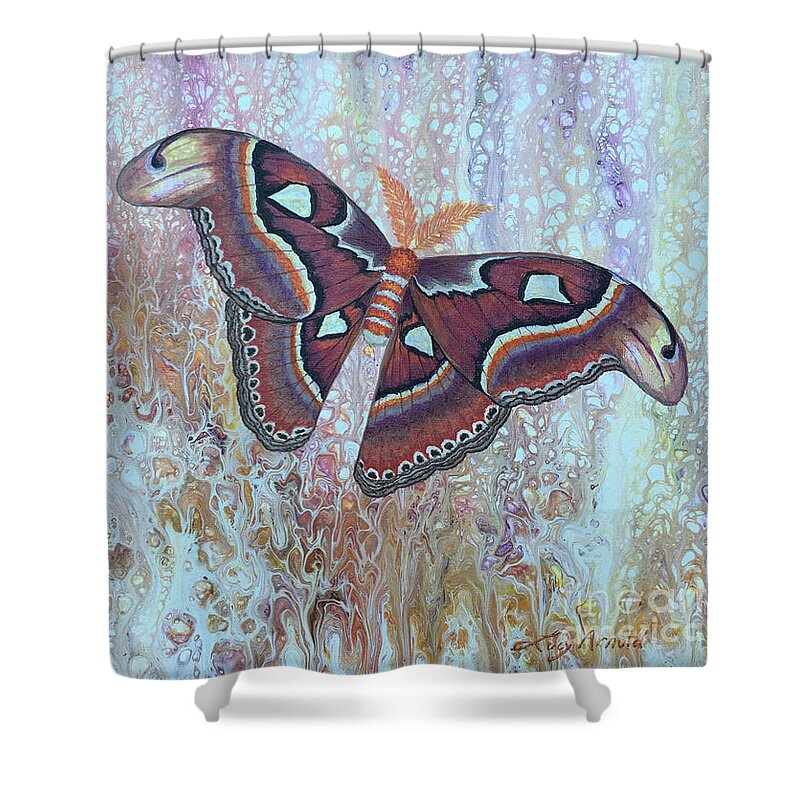 Moth Shower Curtain featuring the painting Atlas Silk Moth by Lucy Arnold