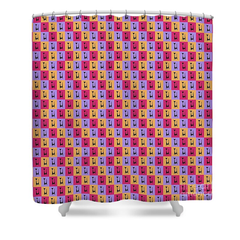 Atomic Cat Shower Curtain featuring the digital art Atomic Cat 1 on Melon, Fuchsia and Melon by Donna Mibus