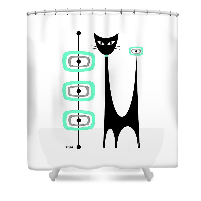 Mid Century Modern Shower Curtain featuring the digital art Atomic Cat Green and Gray by Donna Mibus
