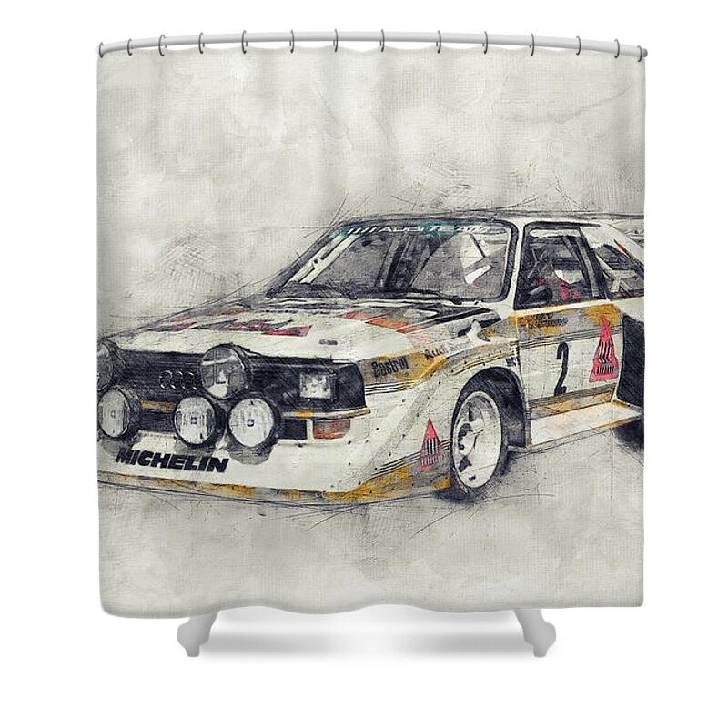 Audi Quattro Shower Curtain featuring the mixed media Audi Quattro 1 - Rally Car - 1980 - Automotive Art - Car Posters by Studio Grafiikka