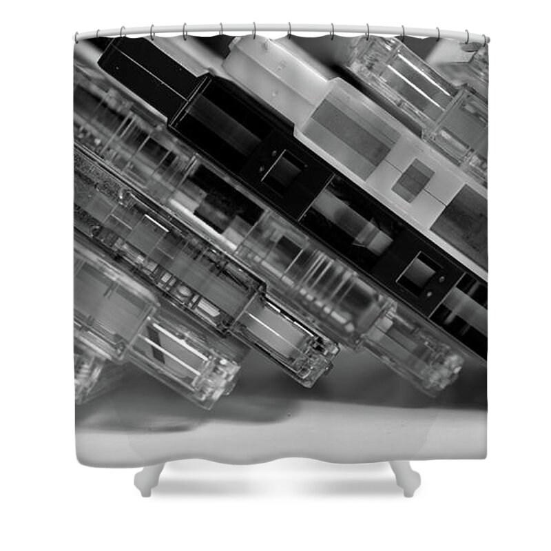 Audio Cassettes Shower Curtain featuring the photograph Audio Cassettes with Domino Effect by Angelo DeVal