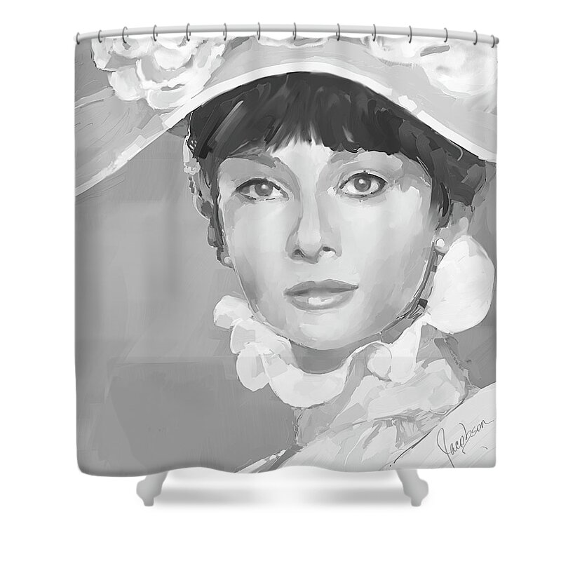 Audrey Shower Curtain featuring the painting Audrey Hepburn 2 Silver by Jackie Medow-Jacobson