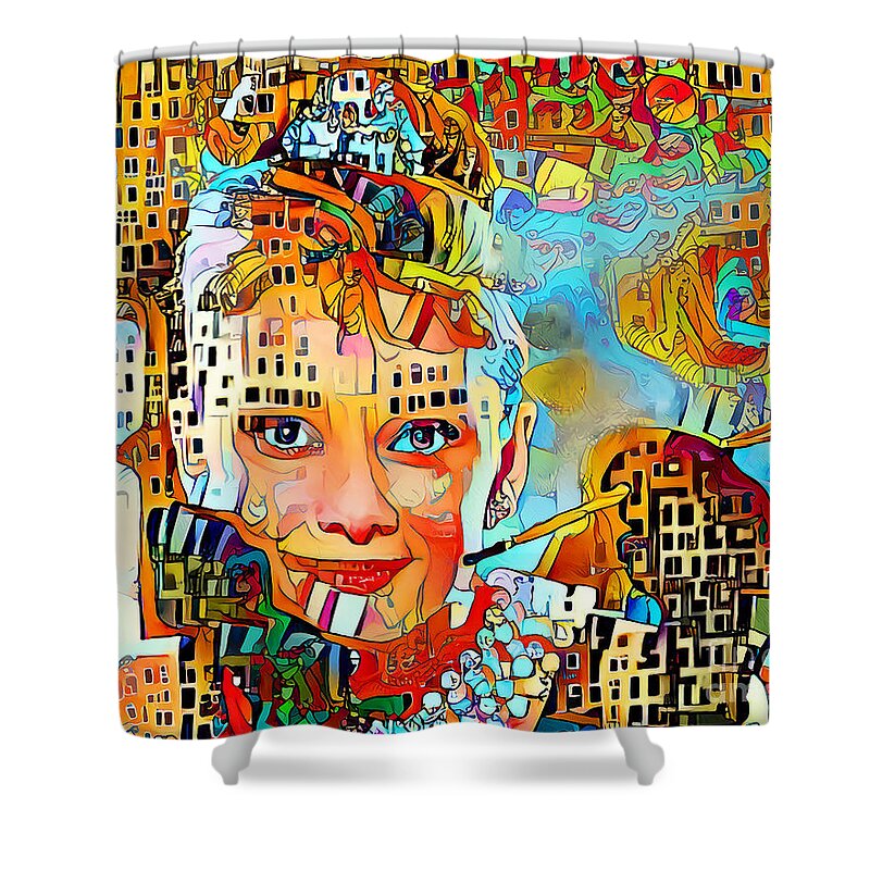 Wingsdomain Shower Curtain featuring the photograph Audrey Hepburn Breakfast at Tiffanys 20201231 by Wingsdomain Art and Photography