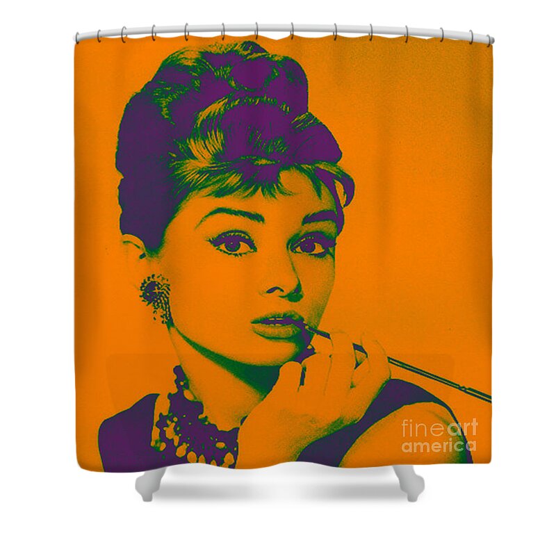 Audrey Hepburn Shower Curtain featuring the painting Audrey Hepburn Purple by Kathleen Artist PRO