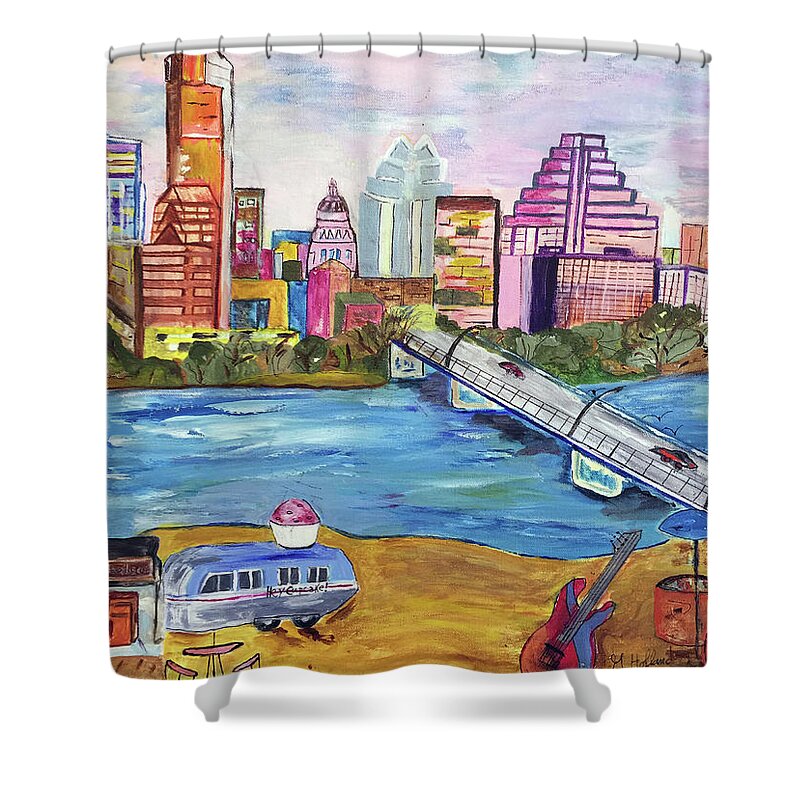 Bridge Shower Curtain featuring the painting Austin Skyline by Genevieve Holland