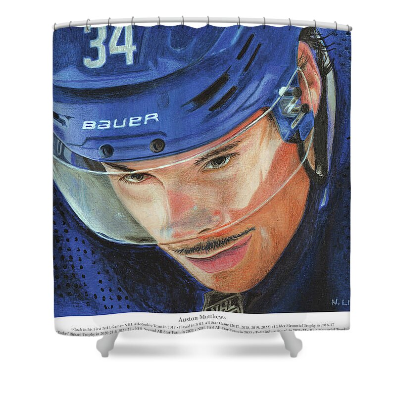 Hockey Player Shower Curtain featuring the painting Auston Matthews by Norb Lisinski