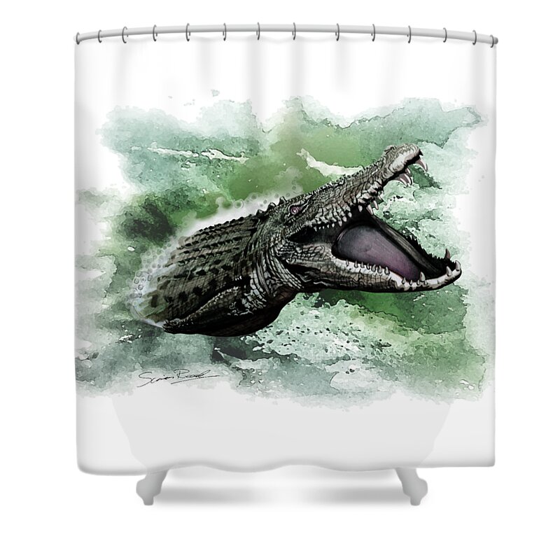 Art Shower Curtain featuring the painting Australian Saltwater Crocodile by Simon Read
