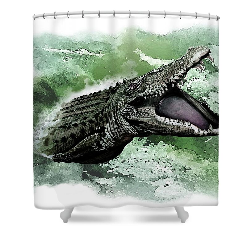 Art Shower Curtain featuring the painting Australian Saltwater Crocodile by Simon Read