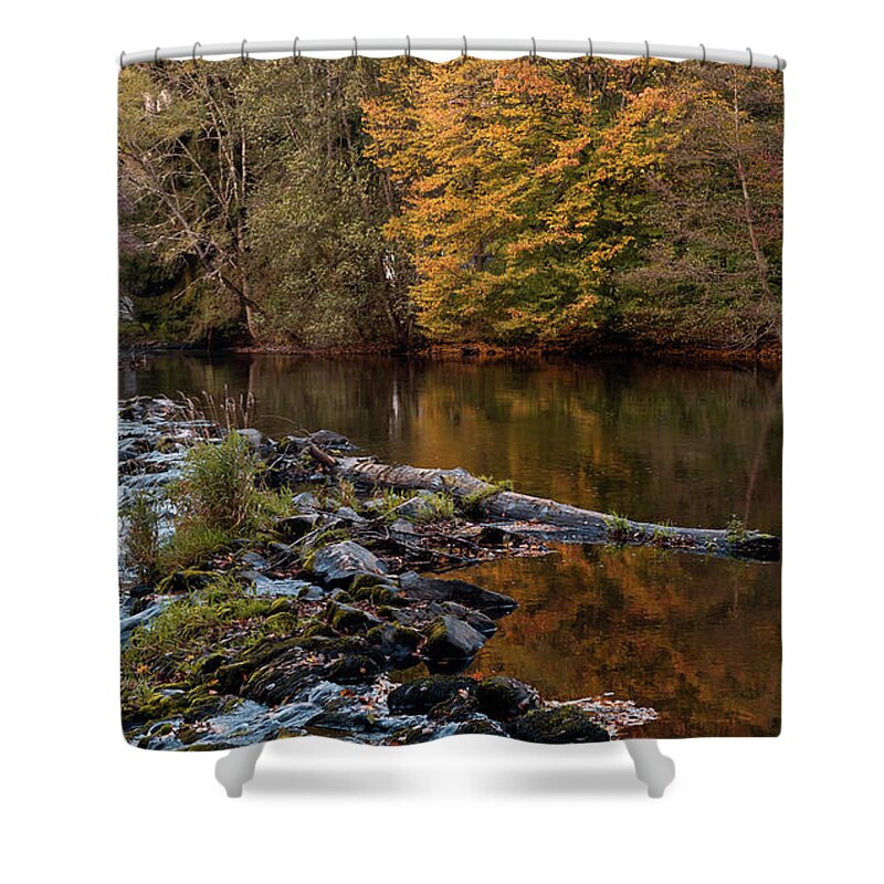 Autumn Shower Curtain featuring the photograph Automn trees reflection, La Sioule river by Jean-Luc Farges