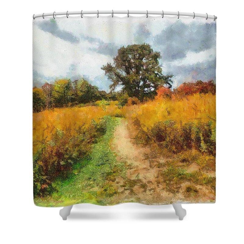Field Shower Curtain featuring the mixed media Autumn Afternoon on the Trail by Christopher Reed