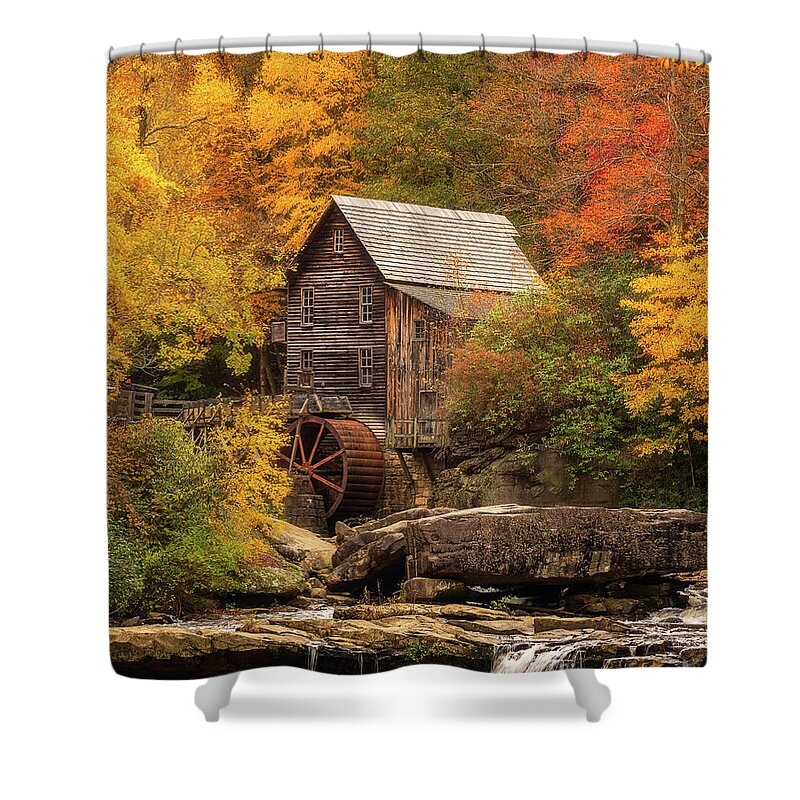 Babcock State Park Shower Curtain featuring the photograph Autumn around a grist mill by Izet Kapetanovic