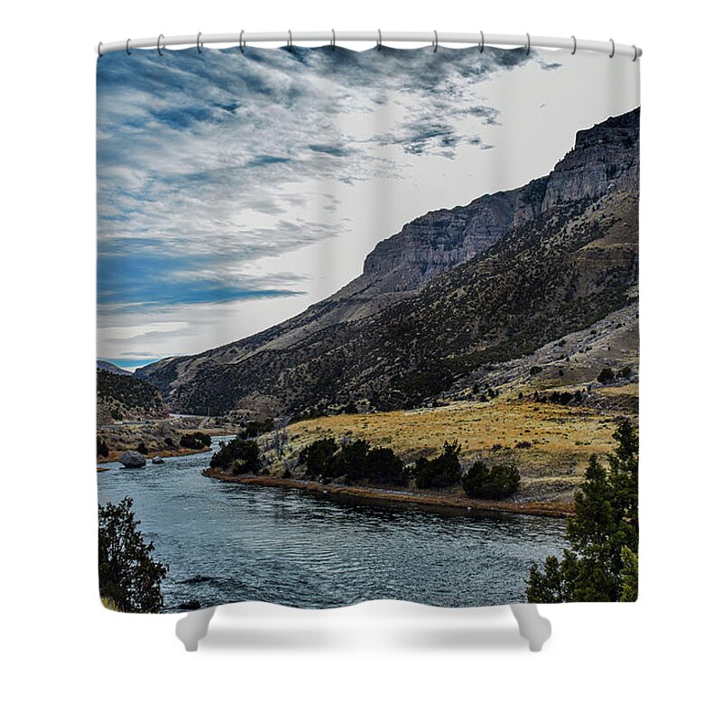 River Shower Curtain featuring the photograph Autumn at Wind River Canyon by Laura Putman