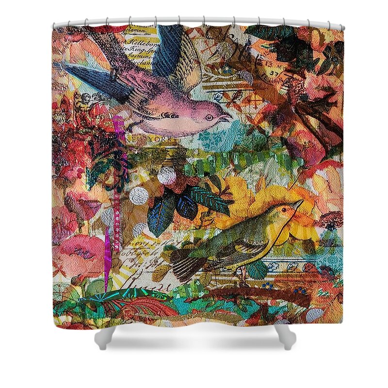 Birds Shower Curtain featuring the mixed media Autumn Birds by Deborah Cherrin