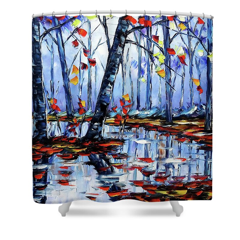 Golden Autumn Shower Curtain featuring the painting Autumn By The River by Mirek Kuzniar