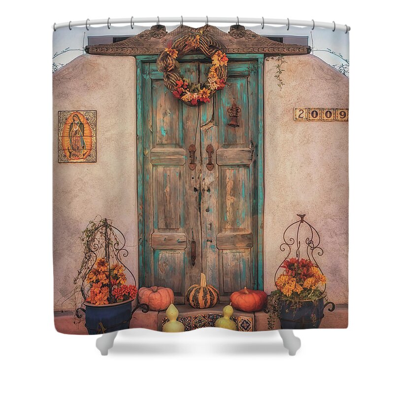 Southwest Doors Shower Curtain featuring the photograph Autumn Doors in Old Mesilla by Susan Rissi Tregoning
