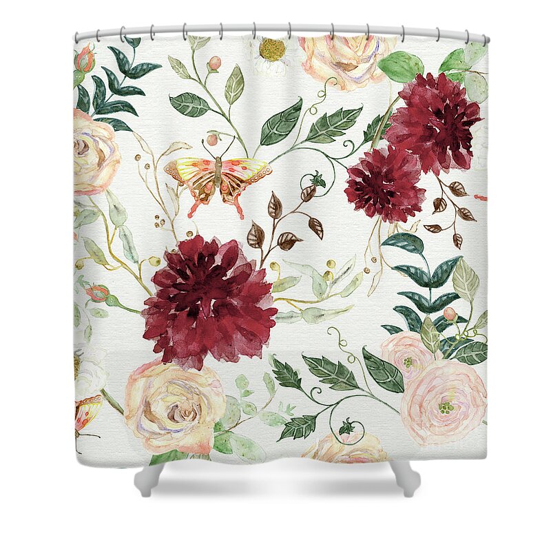 Modern Bohemian Floral Shower Curtain featuring the painting Autumn Fall Burgundy Blush Floral Butterfly w Foliage Greenery by Audrey Jeanne Roberts