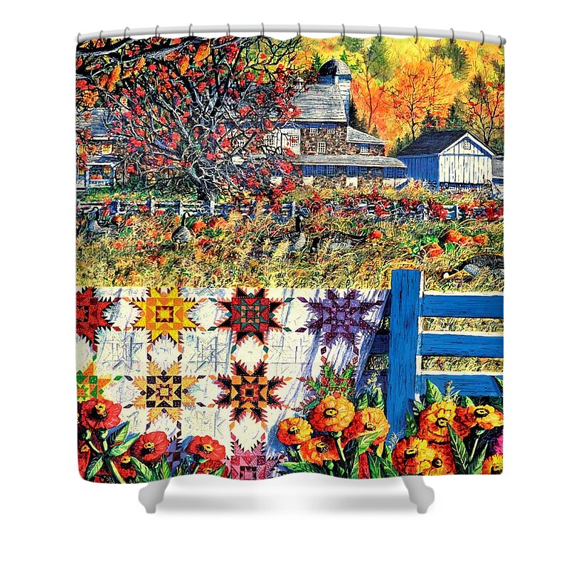 Autumn Shower Curtain featuring the painting Autumn Farm by Diane Phalen