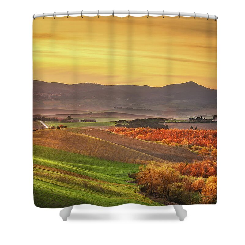 Autumn Shower Curtain featuring the photograph Autumn in Tuscany, rolling hills and woods. Santa Luce by Stefano Orazzini