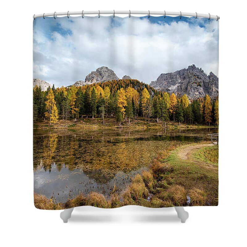 Autumn Shower Curtain featuring the photograph Autumn landscape with mountains and trees by Michalakis Ppalis