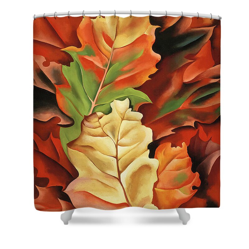 Georgia O'keeffe Shower Curtain featuring the painting Autumn leaves, Lake George, NY - modernist nature pattern painting by Georgia O'Keeffe