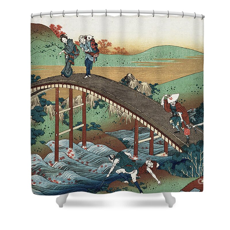 Bridge Shower Curtain featuring the painting Autumn Leaves on the Tsutaya River by Katsushika Hokusai
