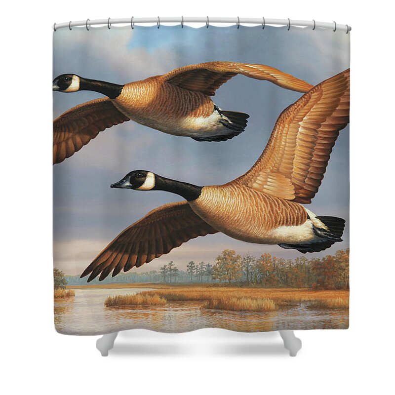Canada Geese Shower Curtain featuring the painting Autumn Mates by Guy Crittenden