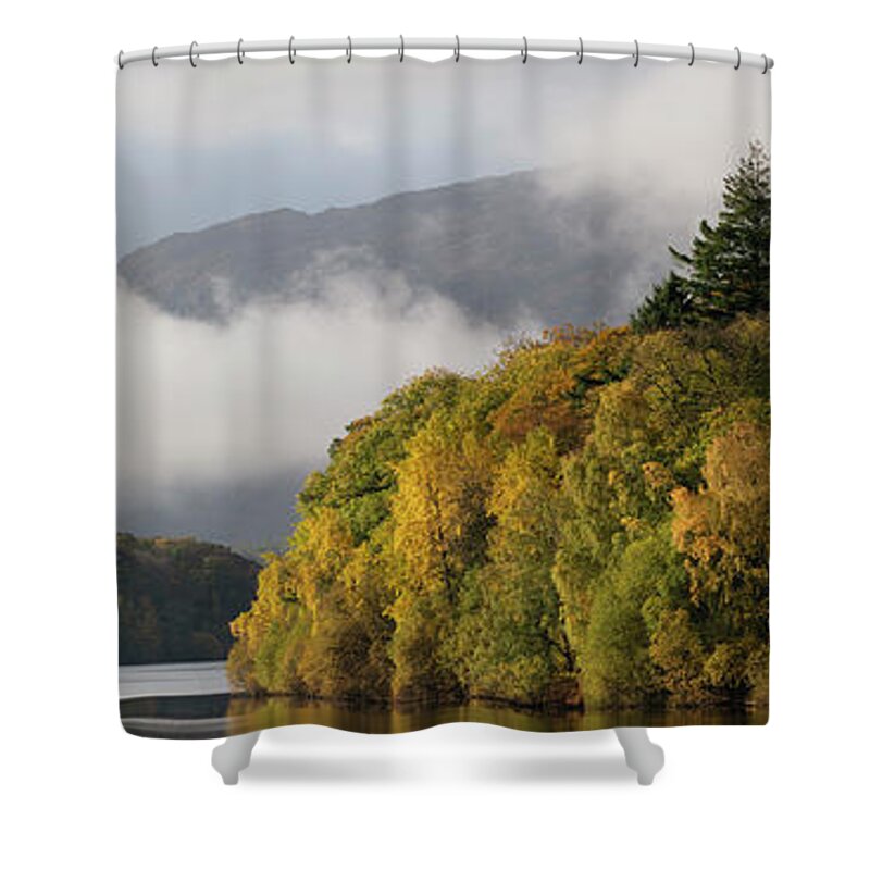 Panorama Shower Curtain featuring the photograph Autumn mist on Derwentwater Lake District by Sonny Ryse