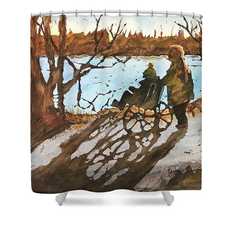 Lake Shower Curtain featuring the painting Autumn of Our Lives by Marilyn Jacobson