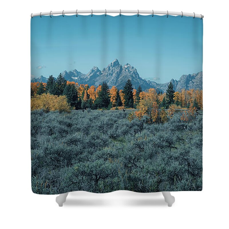 Beautiful Autumn Landscape In Grand Teton National Park Shower Curtain featuring the photograph Autumn Panorama Grand Tetons by Dan Sproul