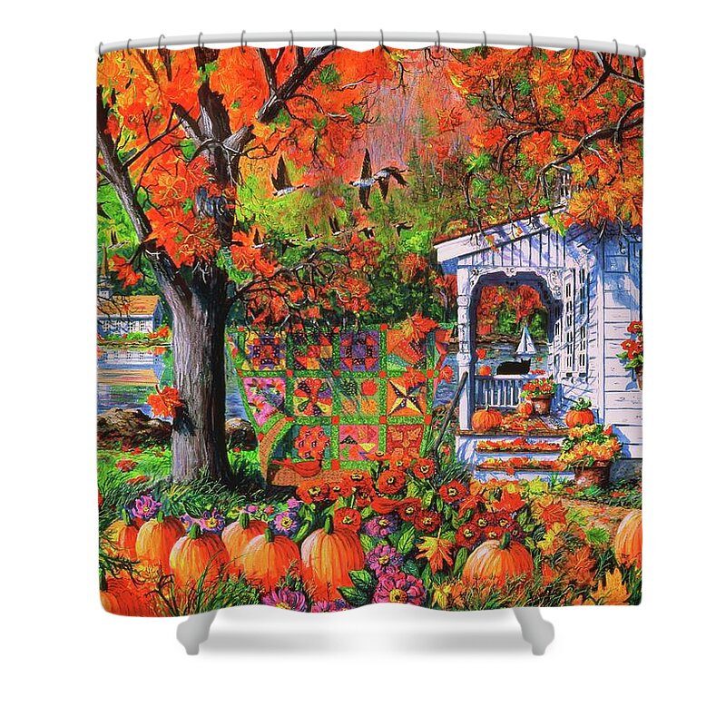 Autumn Landscape With Autumn Patchwork Quilt Shower Curtain featuring the painting Autumn Patchwork Quilt by Diane Phalen