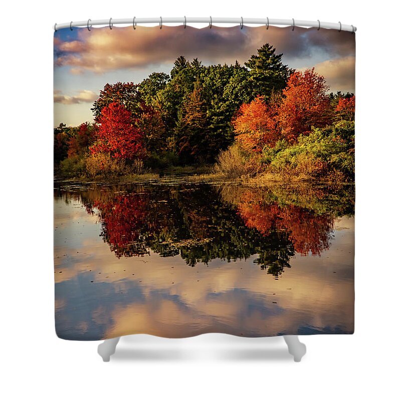 Reflections Shower Curtain featuring the photograph Autumn pond mirror reflections in NH by Lilia S