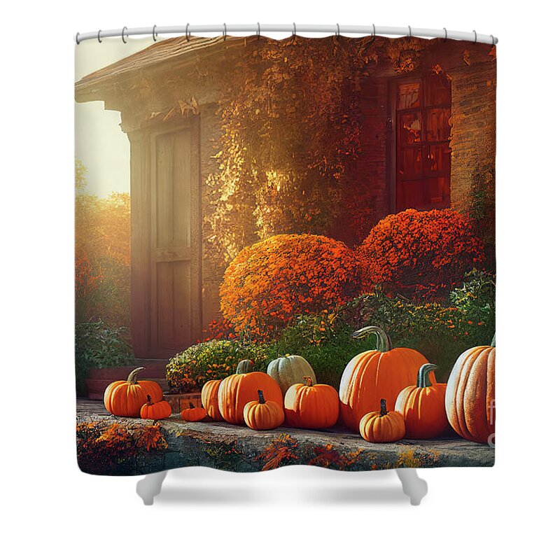 Thanksgiving Shower Curtain featuring the digital art Autumn pumpkins decoration in home garden. Traditional thanksgiv by Jelena Jovanovic