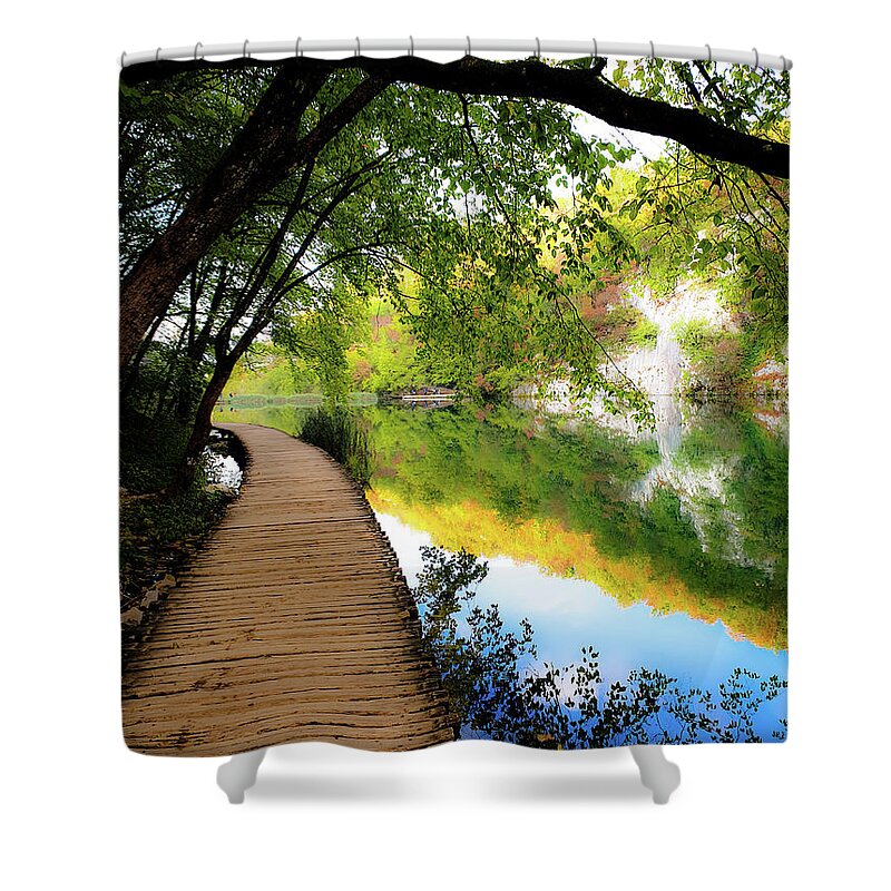 Trail Shower Curtain featuring the photograph Autumn Stroll by Andrea Whitaker