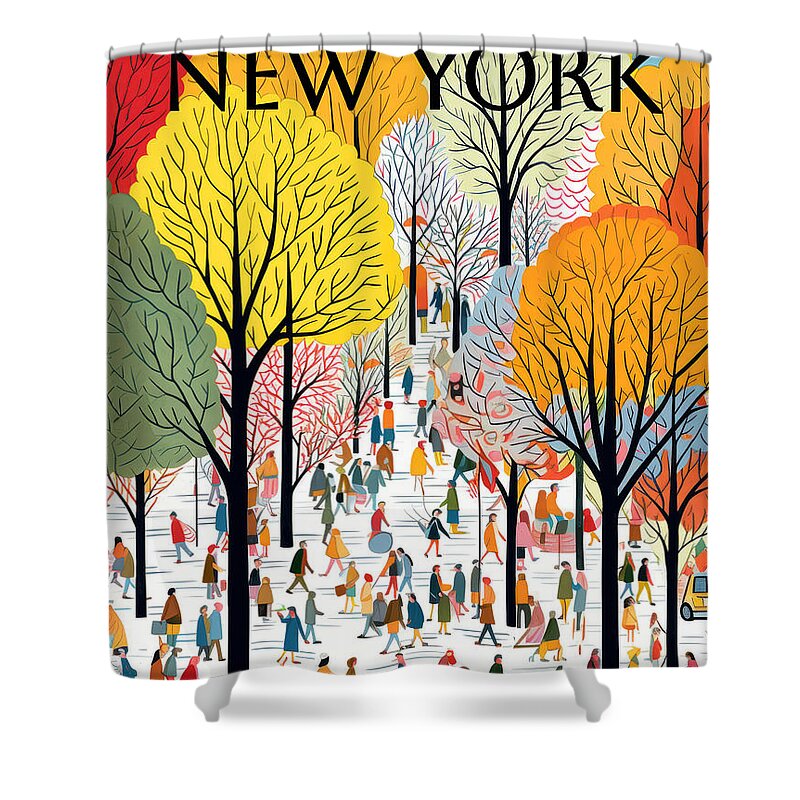New Yorker Magazine Shower Curtain featuring the painting Autumn Stroll by Land of Dreams