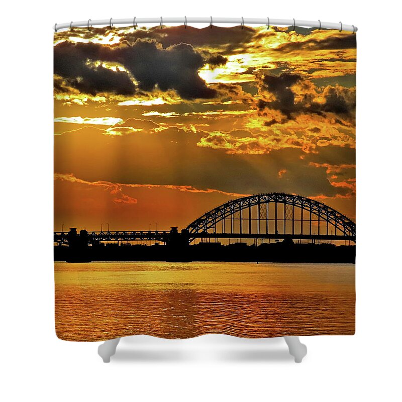 Sunset Shower Curtain featuring the photograph Autumn Sunset Behind Tacony-Palmyra Bridge on the Delaware by Linda Stern