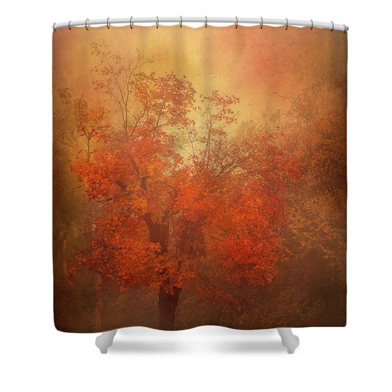 Autumn Shower Curtain featuring the photograph Autumn Tree Foggy Sunrise textured photograph by Ann Powell