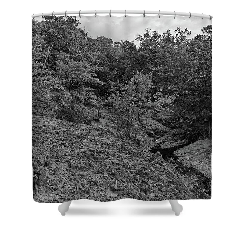 Black And White Shower Curtain featuring the photograph Autumn Trees at the Top of Hemlock Falls by Alan Goldberg
