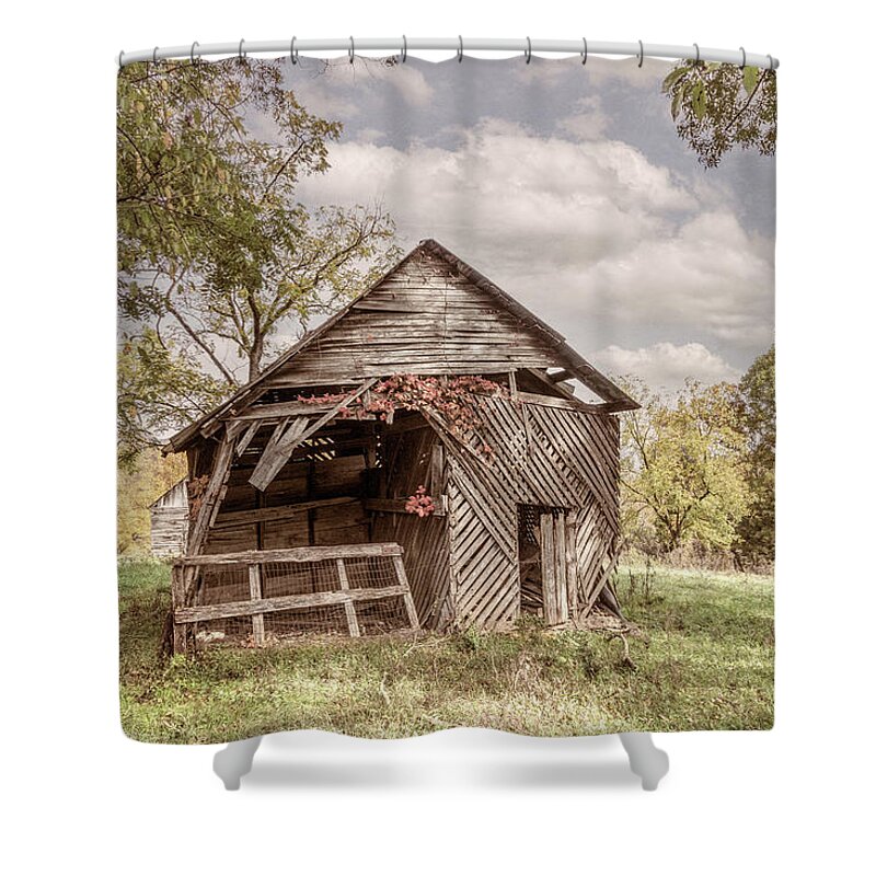Andrews Shower Curtain featuring the photograph Autumn Vines on the Barn in Farmhouse Tones by Debra and Dave Vanderlaan