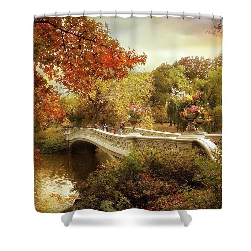 Bow Bridge Shower Curtain featuring the photograph Autumn's Arrival at Bow Bridge by Jessica Jenney
