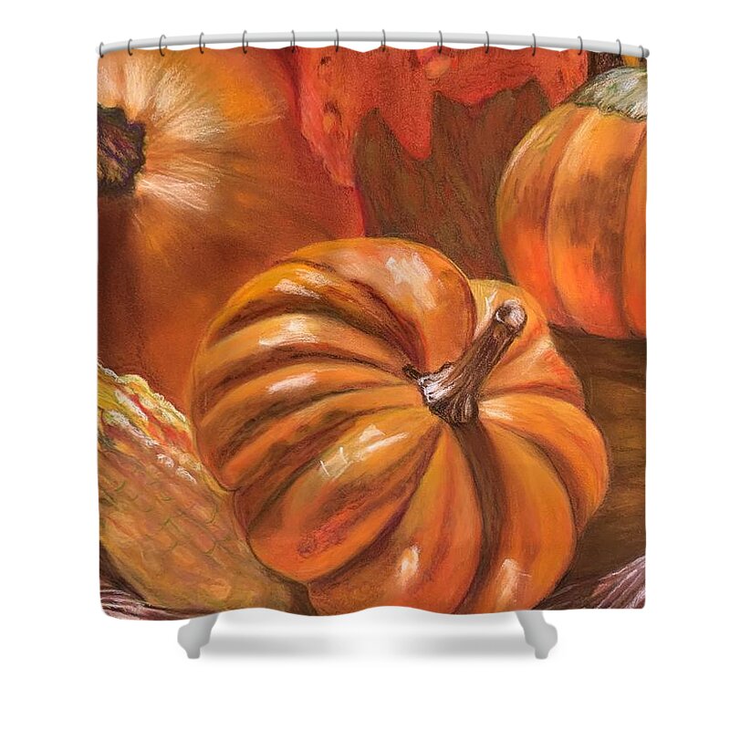 Autumn Shower Curtain featuring the pastel Autumn's Bounty by Juliette Becker